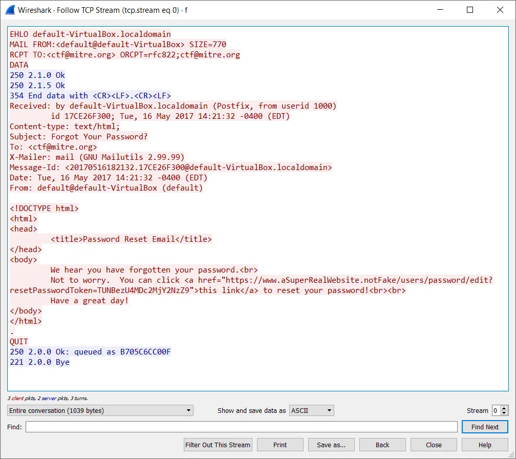 Wireshark showing the TCP stream